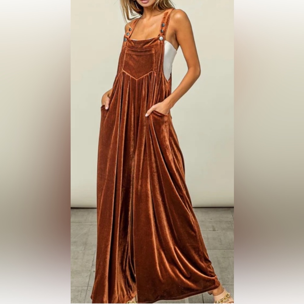 New Wide Leg Velvet Jumpsuit Overalls with Pockets - Picture 2 of 7
